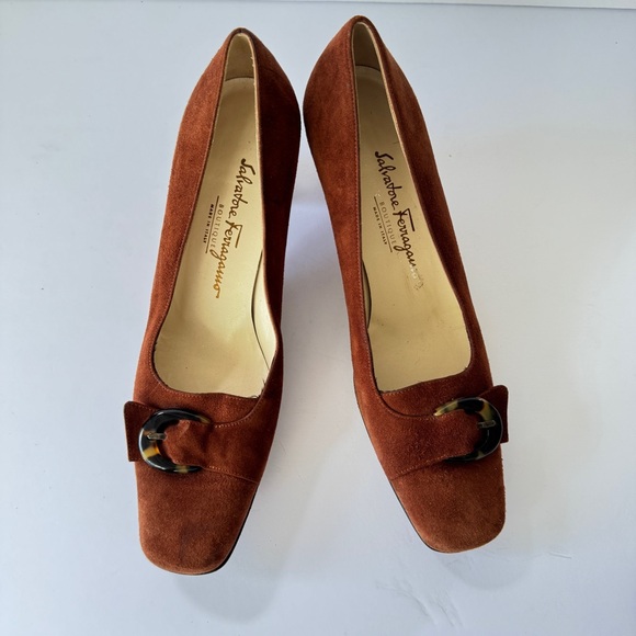 Salvatore Ferragamo Shoes - Vntg Salvatore Ferragamo 90s Women Suede Heels Brown Buckle Pumps Italy Sz 5.5